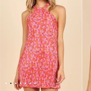 Petal & Pup MELODY PLISSE HALTER MINI DRESS - HOT PINK